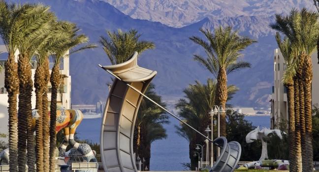 View on the Aqaba gulf from a park of Eilat city, Israel.
