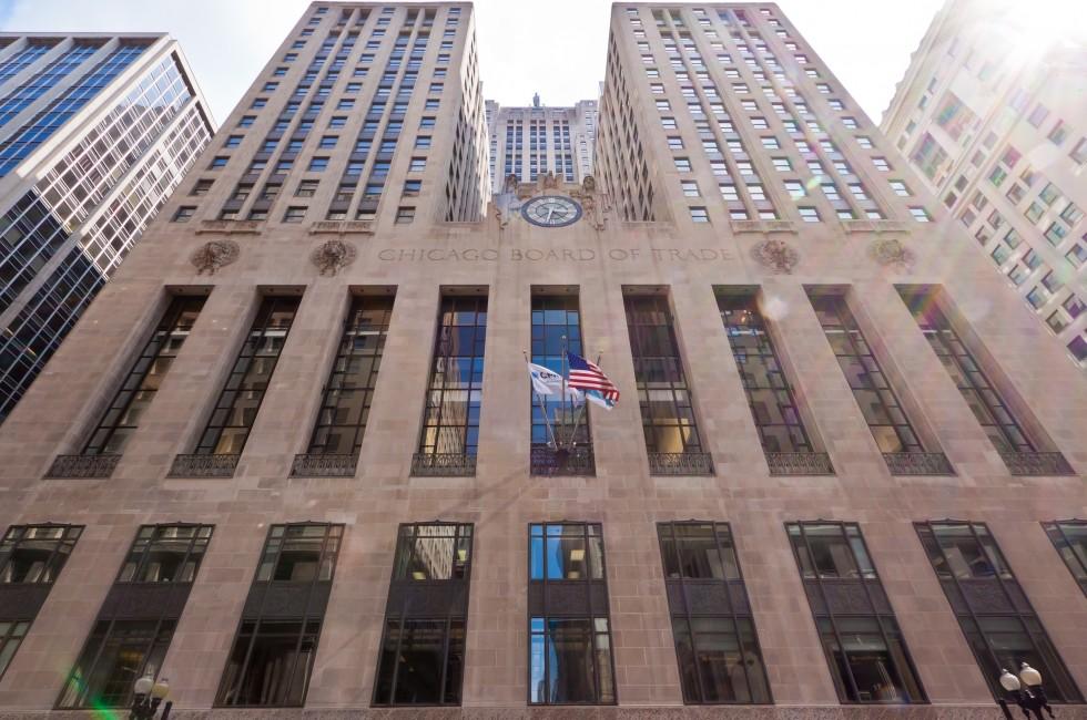The facade of the famous building with its clock. Chicago Board of Trade at downtown, Illinois state, United States.
