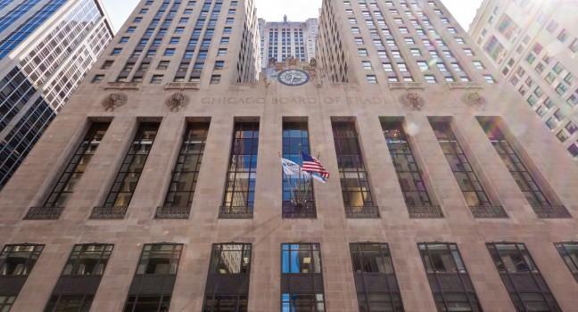 The facade of the famous building with its clock. Chicago Board of Trade at downtown, Illinois state, United States.