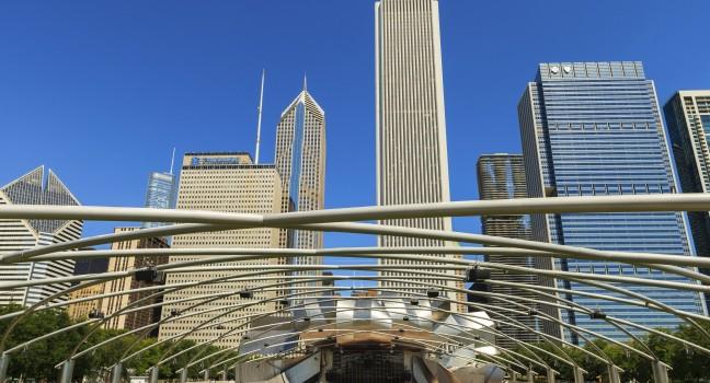 CHICAGO, ILLINOIS AUGUST 21: The popular Jay Pritzker Pavilion in Millennium Park on a beautiful summer day in downtown on August 21, 2011 in Chicago.
