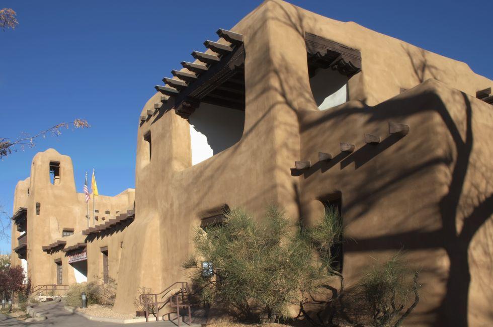 Museum of Art in Santa Fe New Mexico with adobe style architecture.