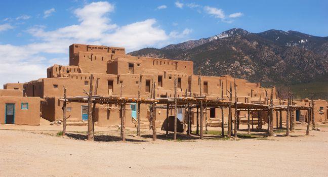 UNESCO World Heritage Site Taos Pueblo outside of Taos, New Mexico, continuously inhabited for over 1000 years.