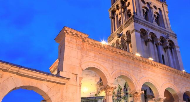 Tourists inside the old town of Split at evening, Croatia