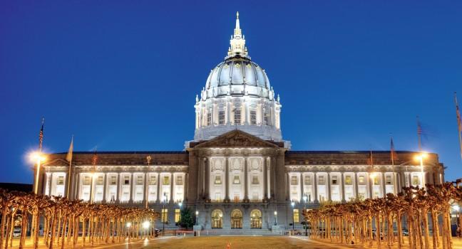 City hall of San Francisco Civic Center at night.