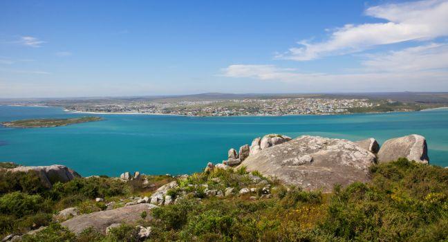 Langebaan Lagoon and the town of Langebaan seen from the West Coast National Park, Western Cape, South Africa.