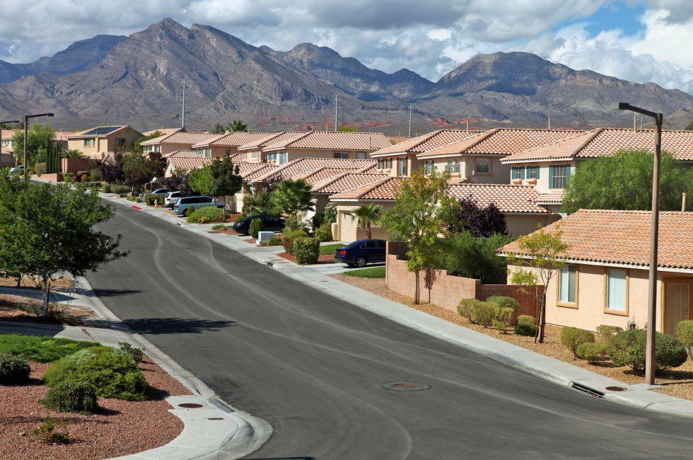 Desert homes, mountains and winter storm skies in the Western United States