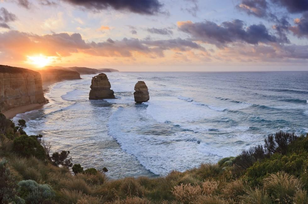 2 apostles panoramic view from lookout at the Great Ocean Road ,  Victoria, Australia, sunrise.