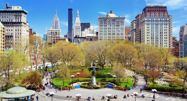 Union Square April 17, 2013 in New York, NY. The Commissioners' Plan of 1811 created such an awkward angle at the location that a square was preferred over buildings.