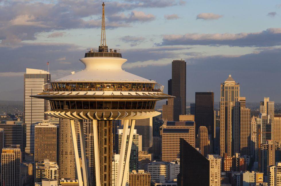 SEATTLE - JUNE 11 2013: Space Needle in Seattle on June 11, 2013 in Seattle, USA. Aerial photograph Seattle city skyline Space Needle, built as a symbol of the World's Fair 1962 in The Seattle Center; Shutterstock ID 164678870; Project/Title: Superbowl - B