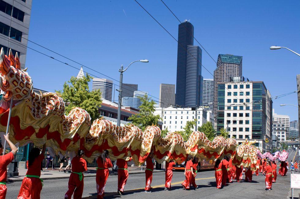 A Chinese association was celebrating their anniversary with dragon dancing around China Town/Inerternational District of Seattle, Washington State, USA