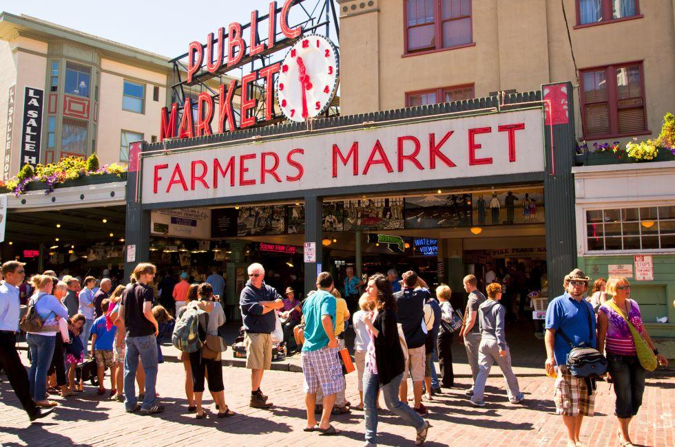 Pike Place Market is a public market overlooking the Elliott Bay waterfront in Seattle, Washington, United States. The Market opened August 17, 1907, and is one of the oldest continually operated public farmers' markets in the United States. It is a place 