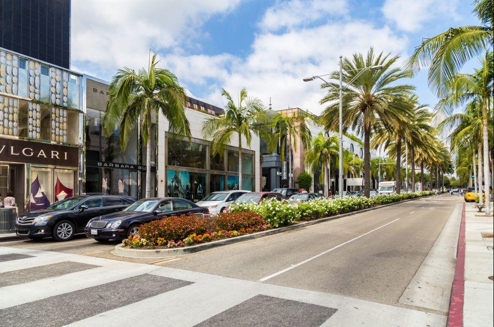BEVERLY HILLS, CA - SEP 20: Rodeo Drive in Beverly Hills on September 20, 2013. Rodeo Drive is an affluent shopping district known for designer label and haute couture fashion.