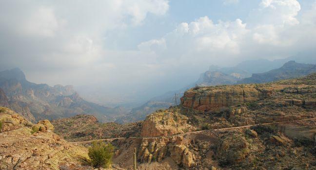 The Apache Trail, East of Phoenix, Arizona, United States. A narrow winding road that snakes its way around the north side of Superstition Mountains.; 