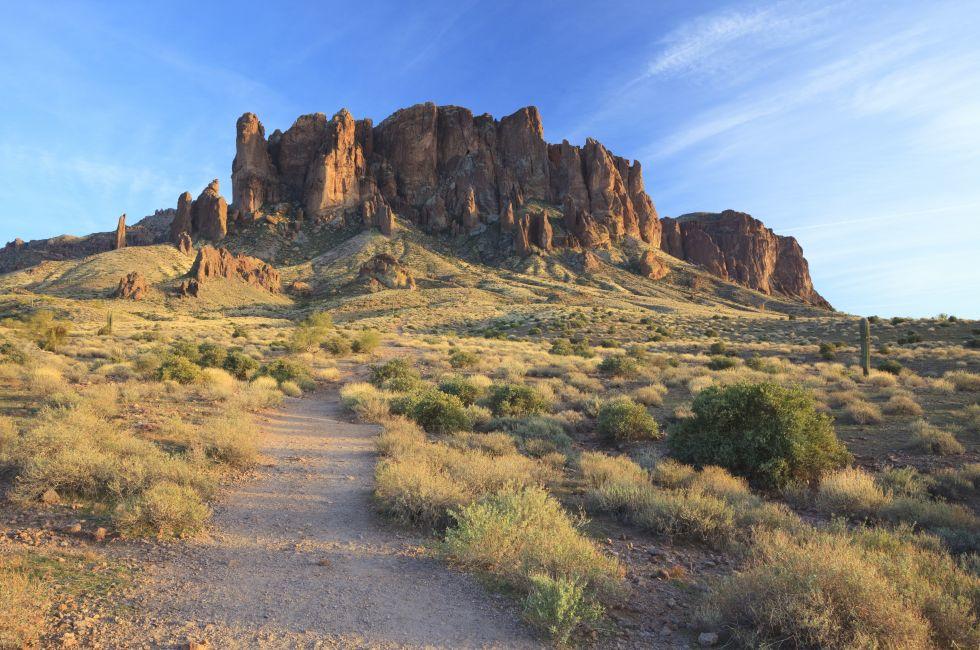 Evening view of a hiking trail in Superstition Mountains near Phoenix, Arizona.