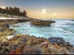 Caribbean beach in Mexico at sunset.