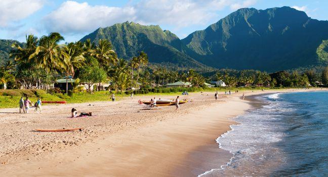 Late afternoon scene at Hanalei Bay in Kauai.