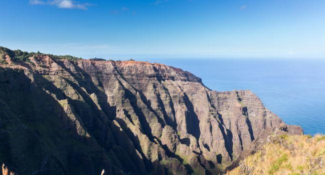 Awa`awapuhi trail from Koke'e State Park to Na Pali coast ends at Nualolo Valley overlooking Pacific ocean in Kauai, Hawaii, USA.