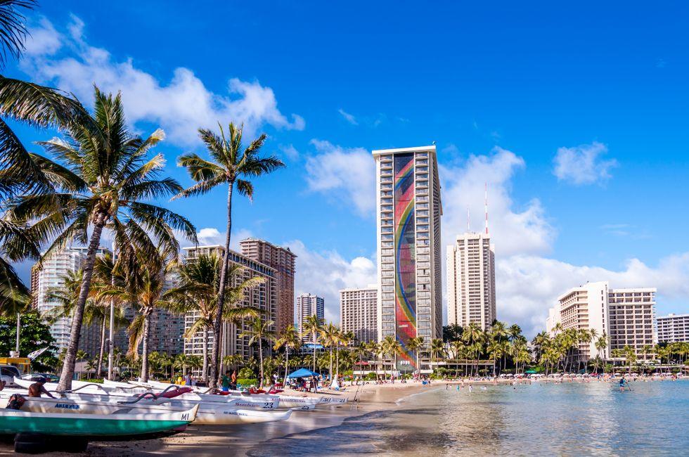 OAHU, HI - JUNE 22 -The Rainbow Tower at the Hawaiian Hilton Village on Waikiki beach on June 22, 2013. The Hawaiian Hilton Village is very popular with families traveling to Hawaii.; Shutterstock ID 187974494; Project/Title: 20 Best Places to Celebrate Ne