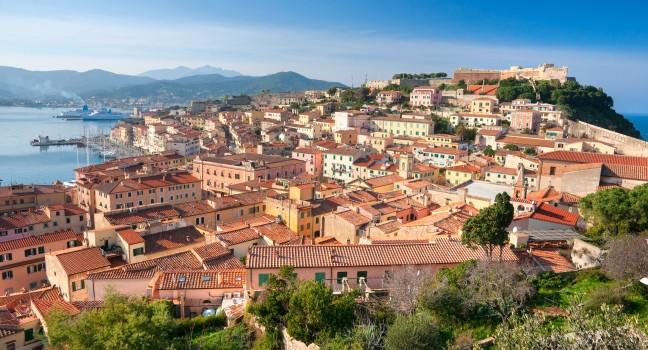 View of Portoferraio old city, with the Forte Stella and the Napoleon Villa. Isle of Elba, Livorno, Italy.; 
