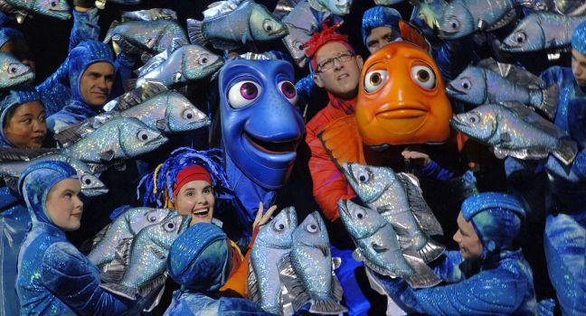 FINNED FRIENDS — A befuddled Dory and fretful dad Marlin search Australia’s Great Barrier Reef for Marlin’s wayward son in “Finding Nemo — The Musical,” a live production at Disney’s Animal Kingdom based on 