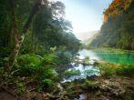 Landscape rain forest National Park in Guatemala Semuc Champey at sunset