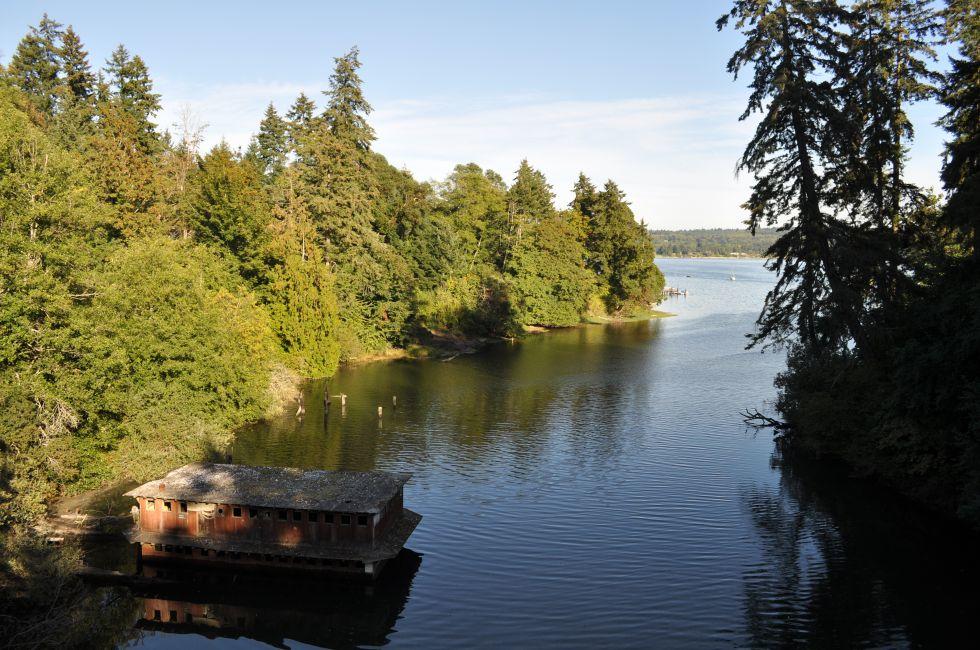 Looking downstream on the Judd Creek Bridge, Vashon Highway SW, near Burton on Vashon Island, Washington.