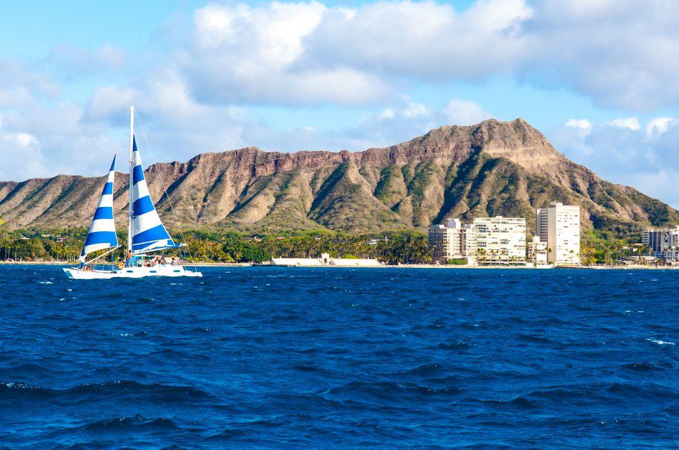 Waikiki Beach with Diamond Head Crater in the Background in Honolulu on the Island of Oahu, Hawaii, U.S.A.