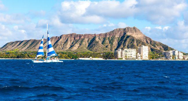 Waikiki Beach with Diamond Head Crater in the Background in Honolulu on the Island of Oahu, Hawaii, U.S.A.
