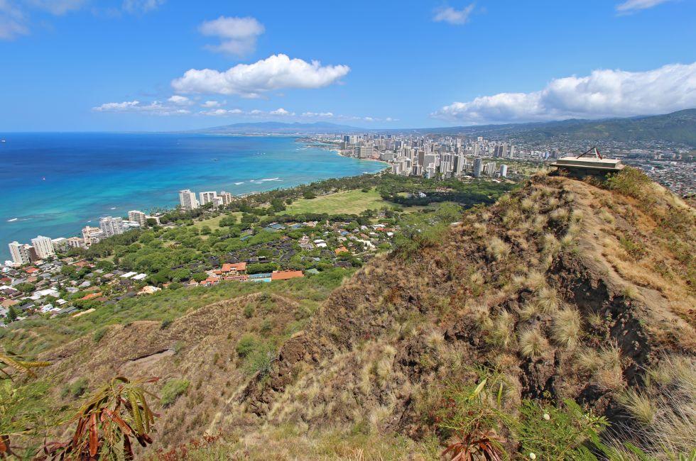 Rim of Diamondhead Crater, Waikiki Beach and all of Honolulu in the distance from the top of the trail.