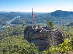 Chimney Rock, NC, USA - October 17: Chimney Rock State Park with Lake Lure in the background on October, 17, 2014 in Chimney Rock, NC, USA.
