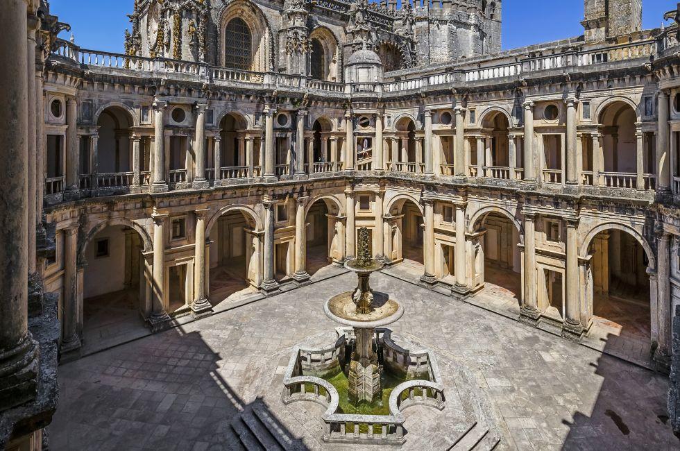 Tomar, Portugal - July 18, 2013: Dom Joao III Cloister (Renaissance masterpiece) in the Templar Convent of Christ in Tomar, Portugal. UNESCO World Heritage; 