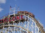 Historical landmark Cyclone roller coaster on May 17, 2014 in the Coney Island section of Brooklyn. Cyclone is a historic wooden roller coaster opened on June 26, 1927.