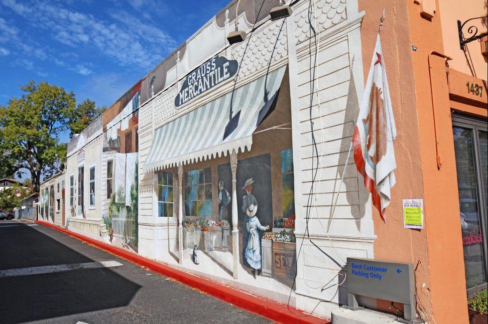 CALISTOGA, CALIFORNIA - OCTOBER 6 2012: Trompe l'oeil mural by Carlo Marchiori on the side of a building. Historic Calistoga is a popular tourist stop at the north end of Napa Valley wine country.