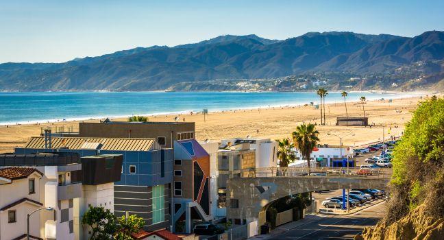 View of Pacific Coast Highway and the Santa Monica Mountains from Palisades Park, in Santa Monica, California.