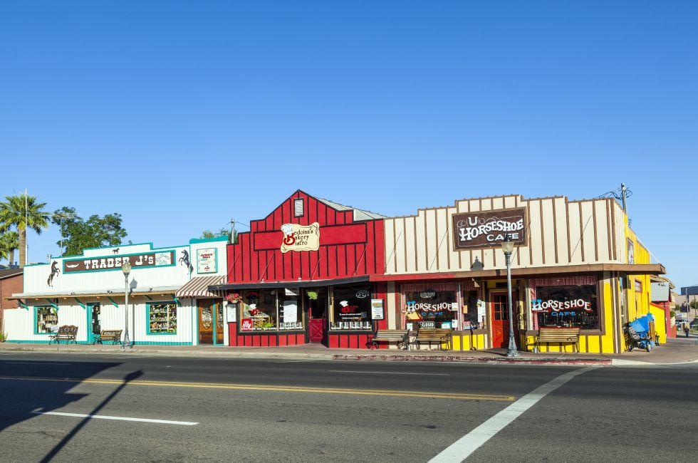 WICKENBURG - USA, JUNE 14: Frontier Street in afternoon sun on June 14,2012 in Wickenburg, USA. Wickenburg was founded in 1863 by Henry Wickenburg and the Frontier street is originally preserved since that time.