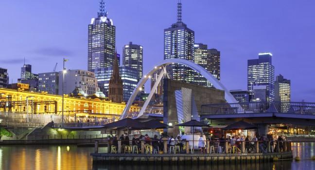 Melbourne's famous skyline from Southbank towards Flinders St Station in Melbourne, Victoria, Australia 
